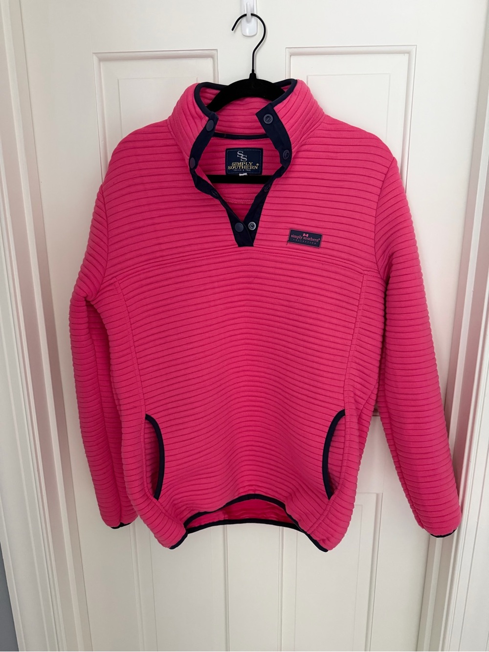 Simply Southern Bright Pink Quilted Snap-Neck pullover with Navy Trim